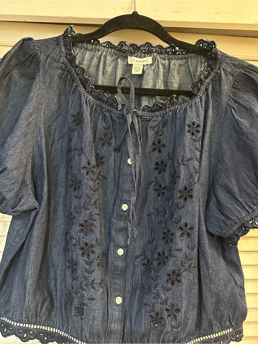 Free Assembly Navy Denim Embroidered Button-Front Peasant Top